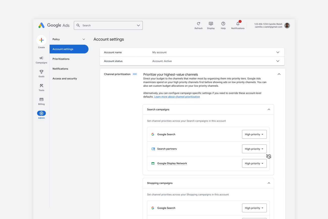 Una interfaz de usuario de Google Ads muestra la configuración de la cuenta y las prioridades del canal.