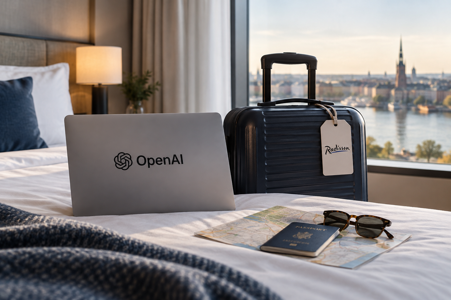 A gray laptop bearing the OpenAI logo sits on a bed beside a suitcase, map, passport, and sunglasses.