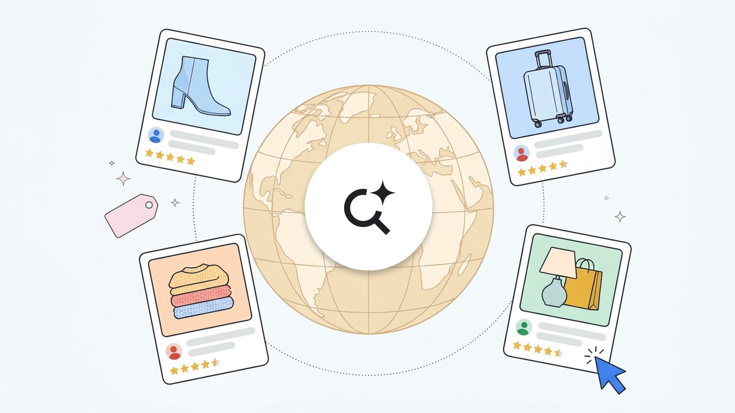 A globe surrounded by four product cards, each featuring a product and five stars.