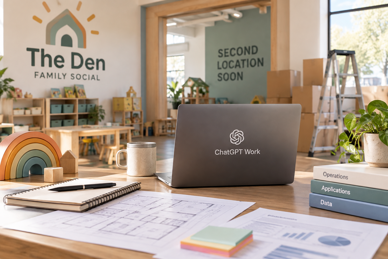 An open laptop with “ChatGPT Work” written on its lid, a mug, and a notebook with a pen on a wooden desk.