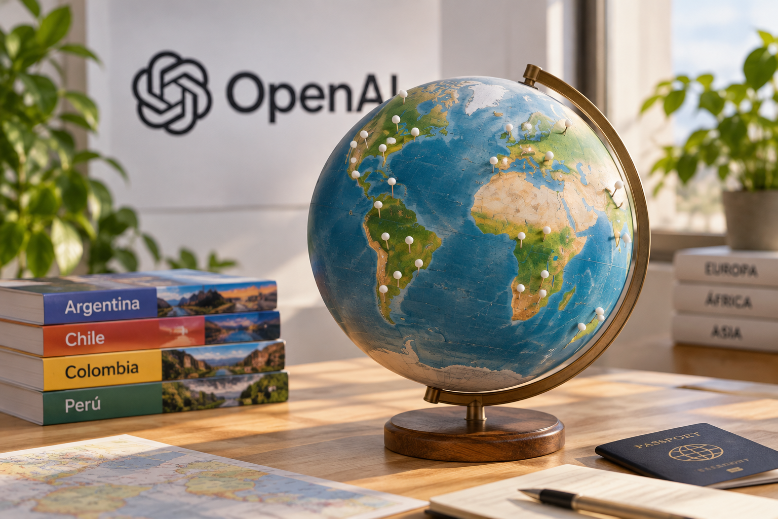 Un globo terráqueo con chinchetas blancas, apilamientos de libros y un pasaporte sobre una mesa de madera.