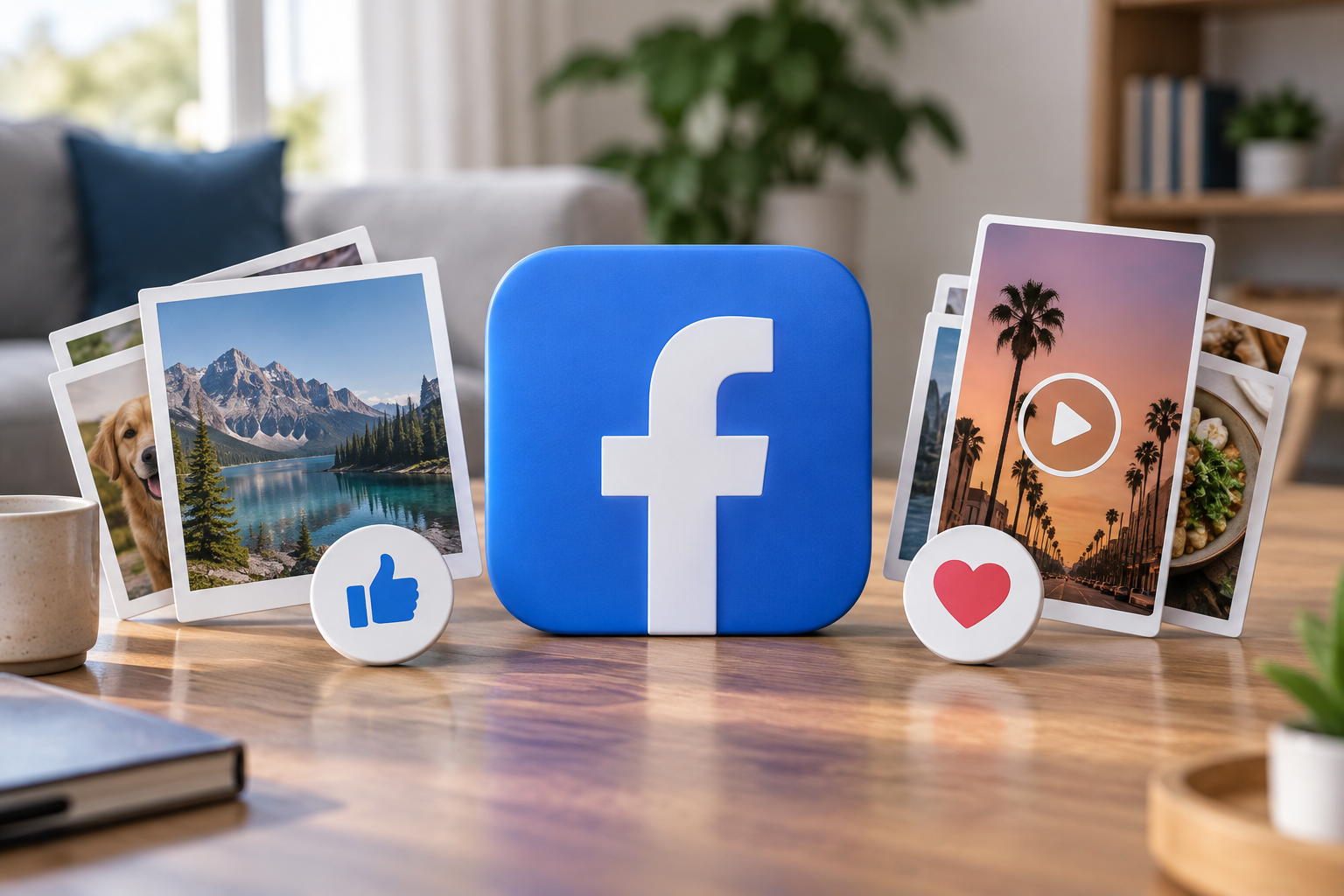 A blue Facebook logo is surrounded by photos and thumbs-up and heart emojis on a wooden table.
