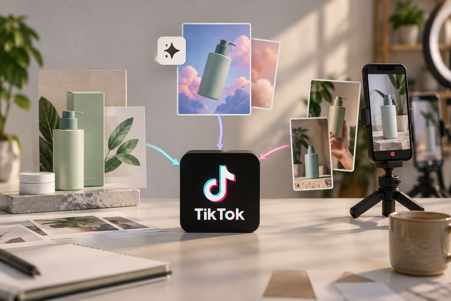 Una caja negra con el logo de TikTok en el centro de una mesa, con flechas que conectan fotos de botellas de loción a cada lado.