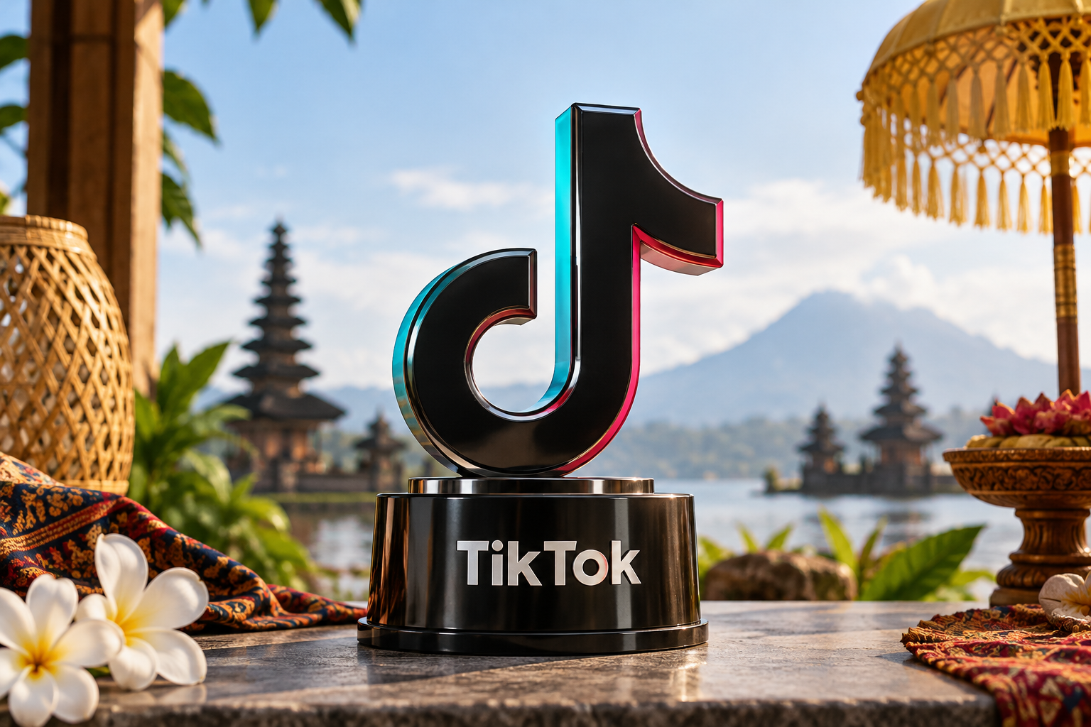 Un logotipo negro brillante de TikTok se erige sobre una base de logotipo a juego con un fondo de templo y montañas.