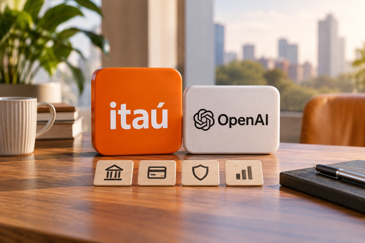 An orange block with the Itaú logo and a white block with the OpenAI logo sit on a wooden table beside four wooden tiles with icons.