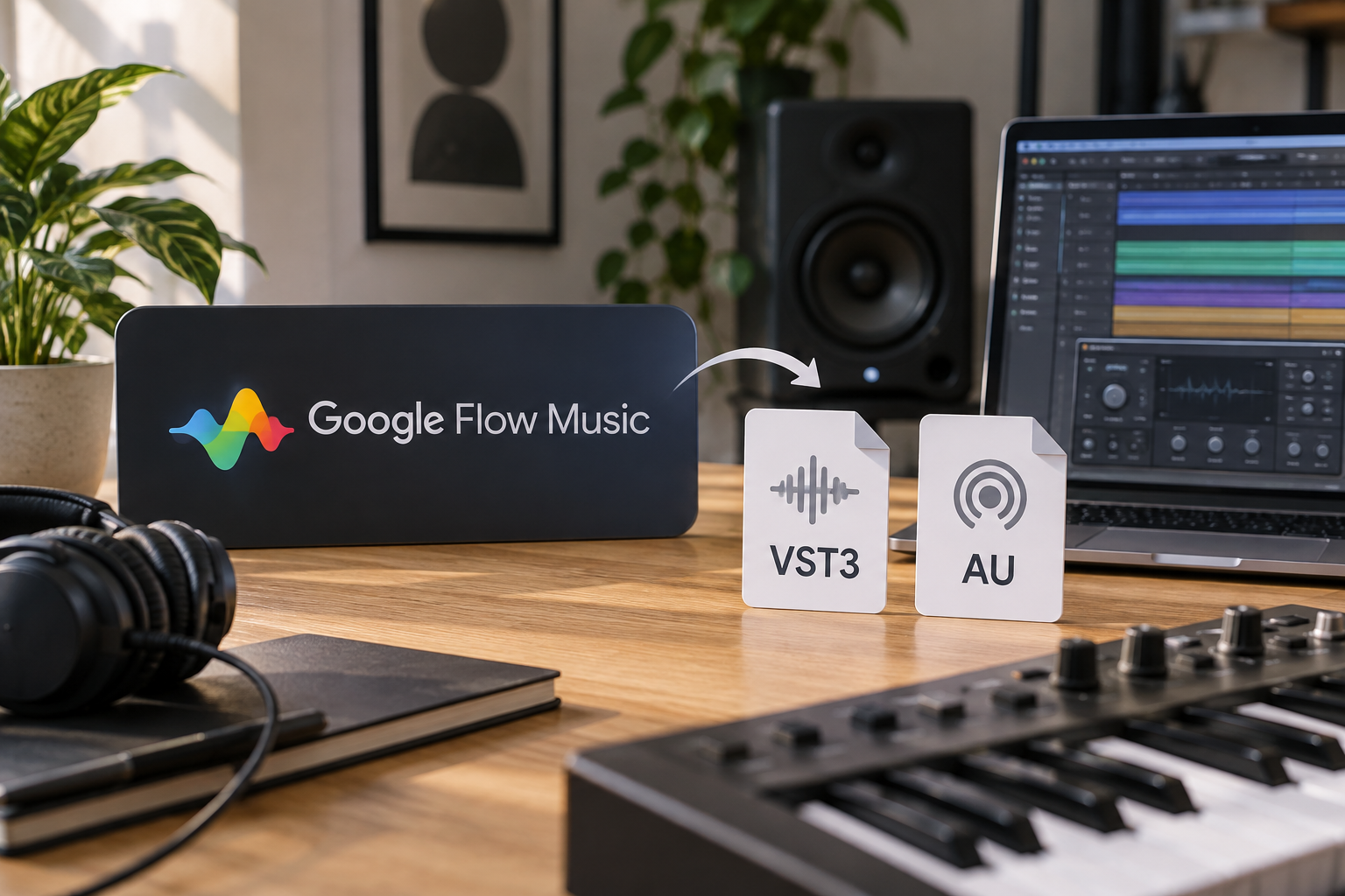 Un letrero que dice Google Flow Music apunta a dos documentos con la etiqueta VST3 y AU.