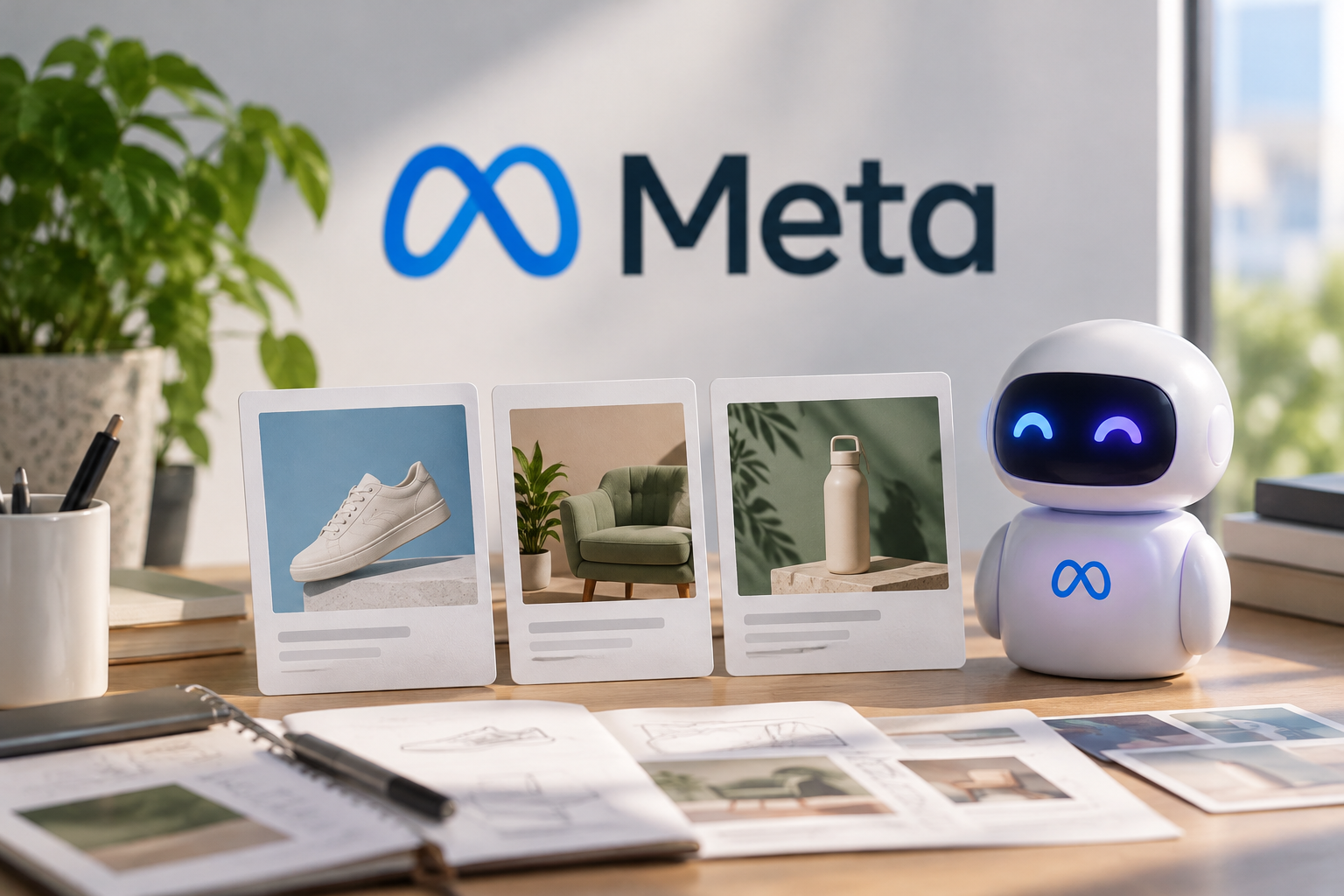A white robot bearing the Meta brand sits beside three cards featuring images of articles.