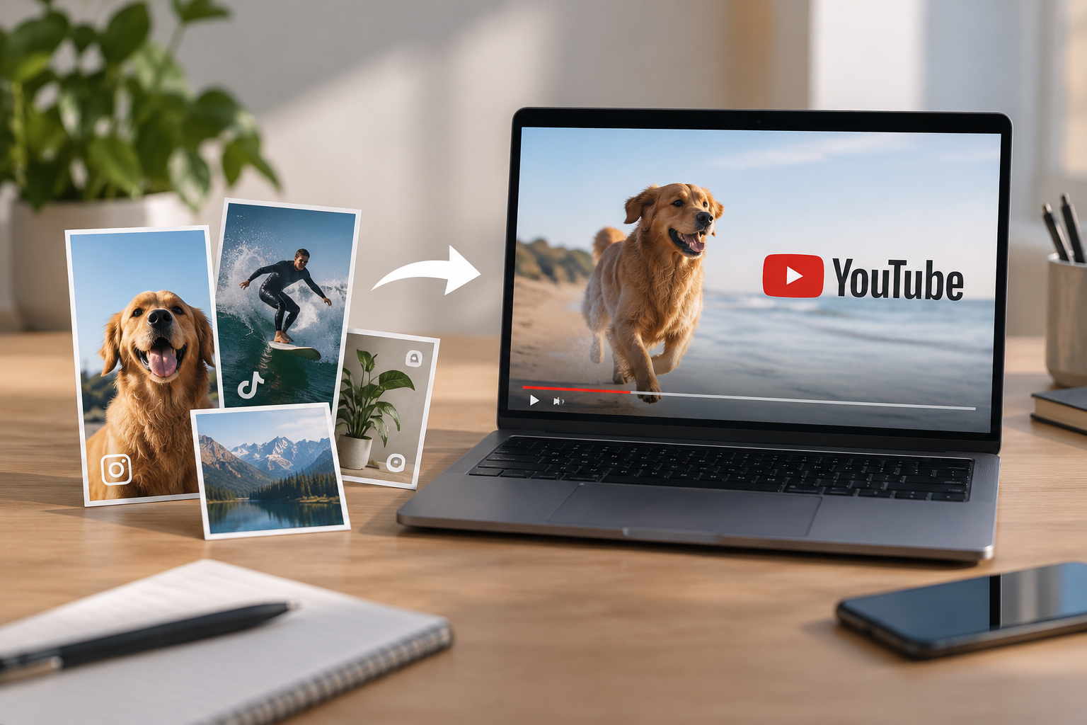 An open laptop displays a video of a dog running on the screen, alongside several printed photos.