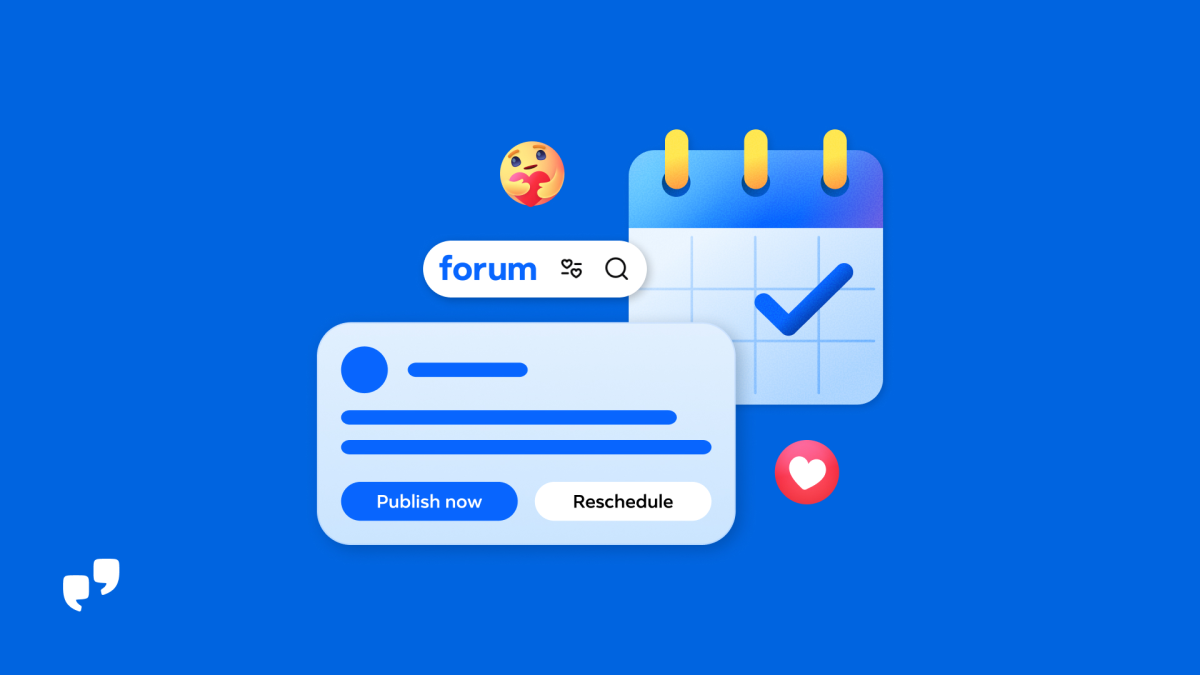 Un calendario, una ventana de búsqueda de "forum" y una publicación con botones "Publish now" y "Reschedule".