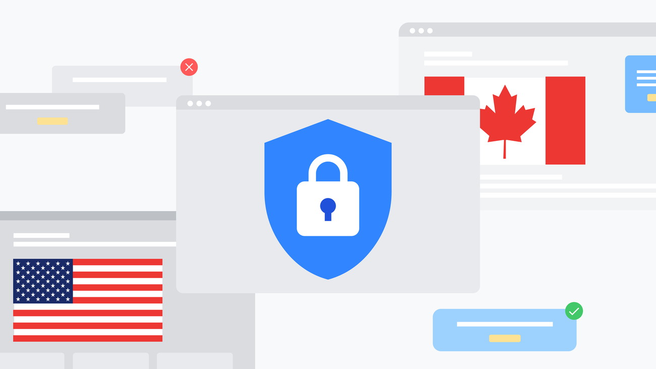 A blue shield with a white padlock above several browser windows displaying the flags of Canada and the United States.