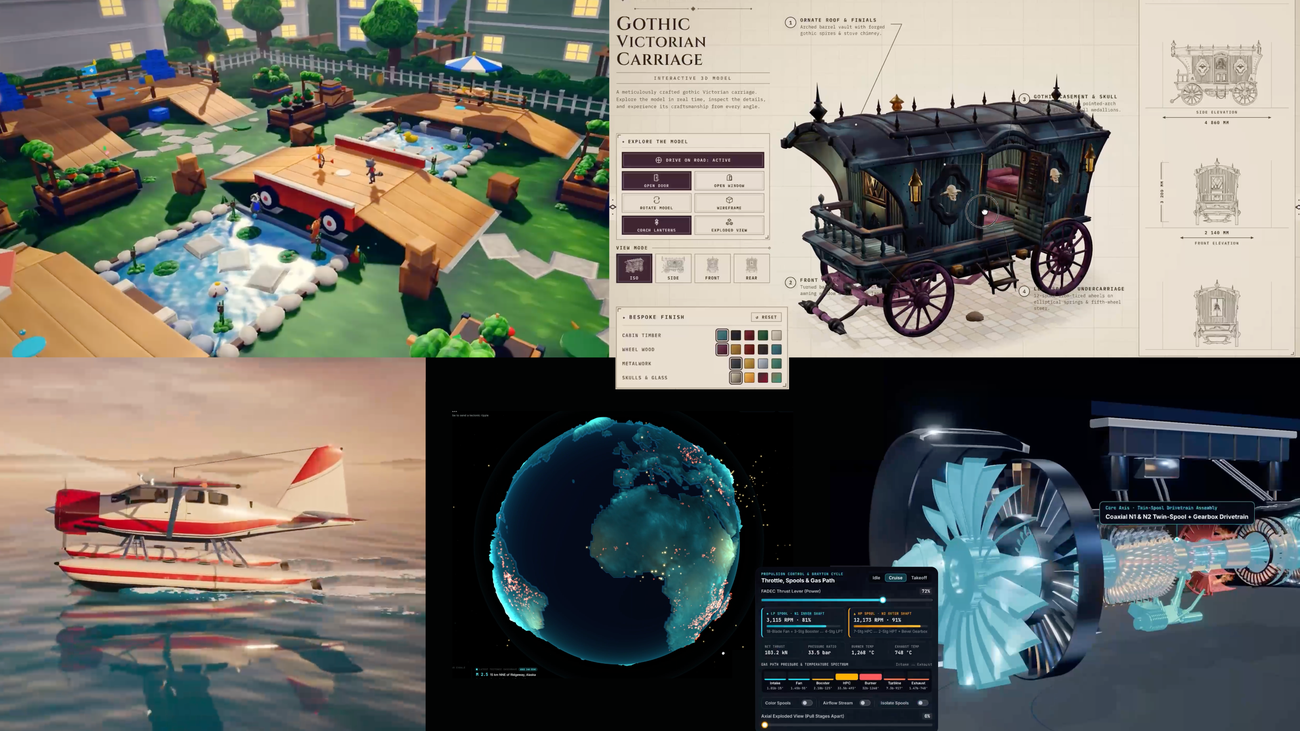 Collage de cinco proyectos: un juego multijugador, un carruaje victoriano, un hidroavión, un globo terráqueo 3D y un motor.