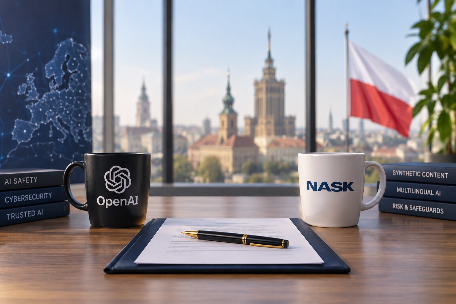 Conceptual illustration of a pen on a document beside mugs labeled OpenAI and NASK and a Polish flag.