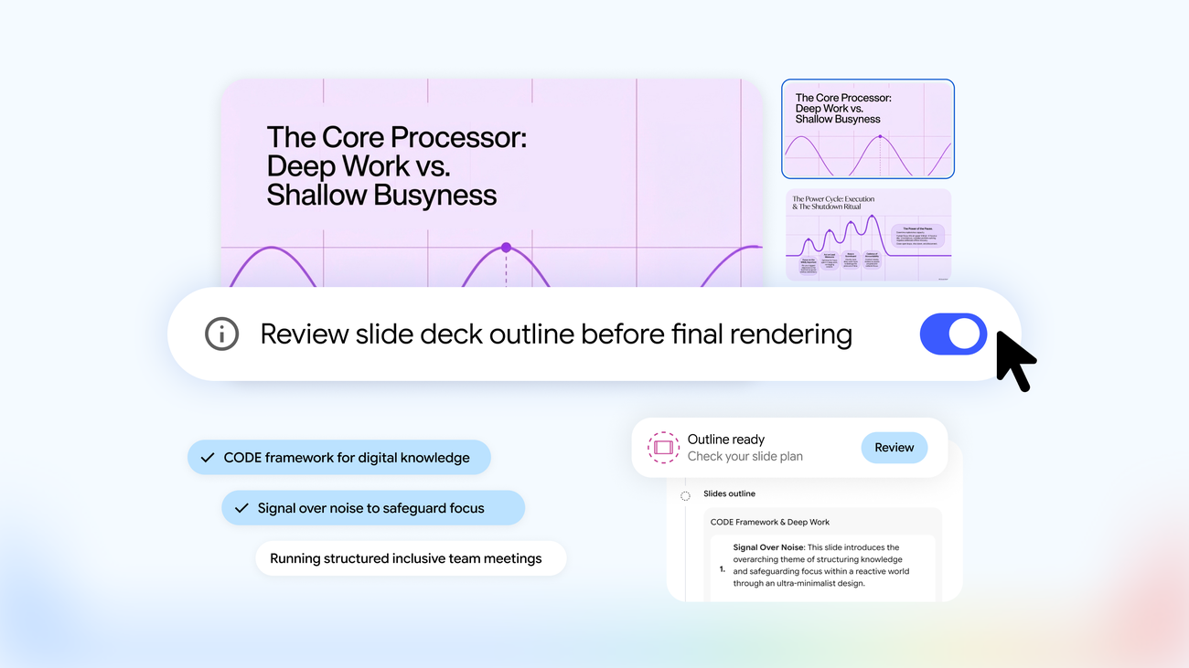 A black hand-shaped cursor clicks a blue toggle on a white bar with text and presentation graphics.