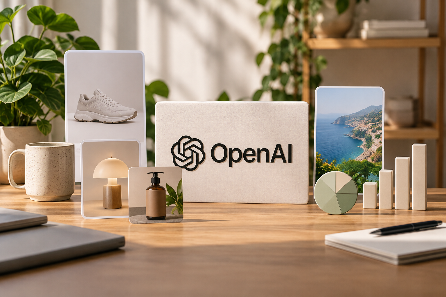 Un cartel grande de OpenAI junto a una taza, pantallas pequeñas con imágenes, un gráfico circular y un gráfico de barras.