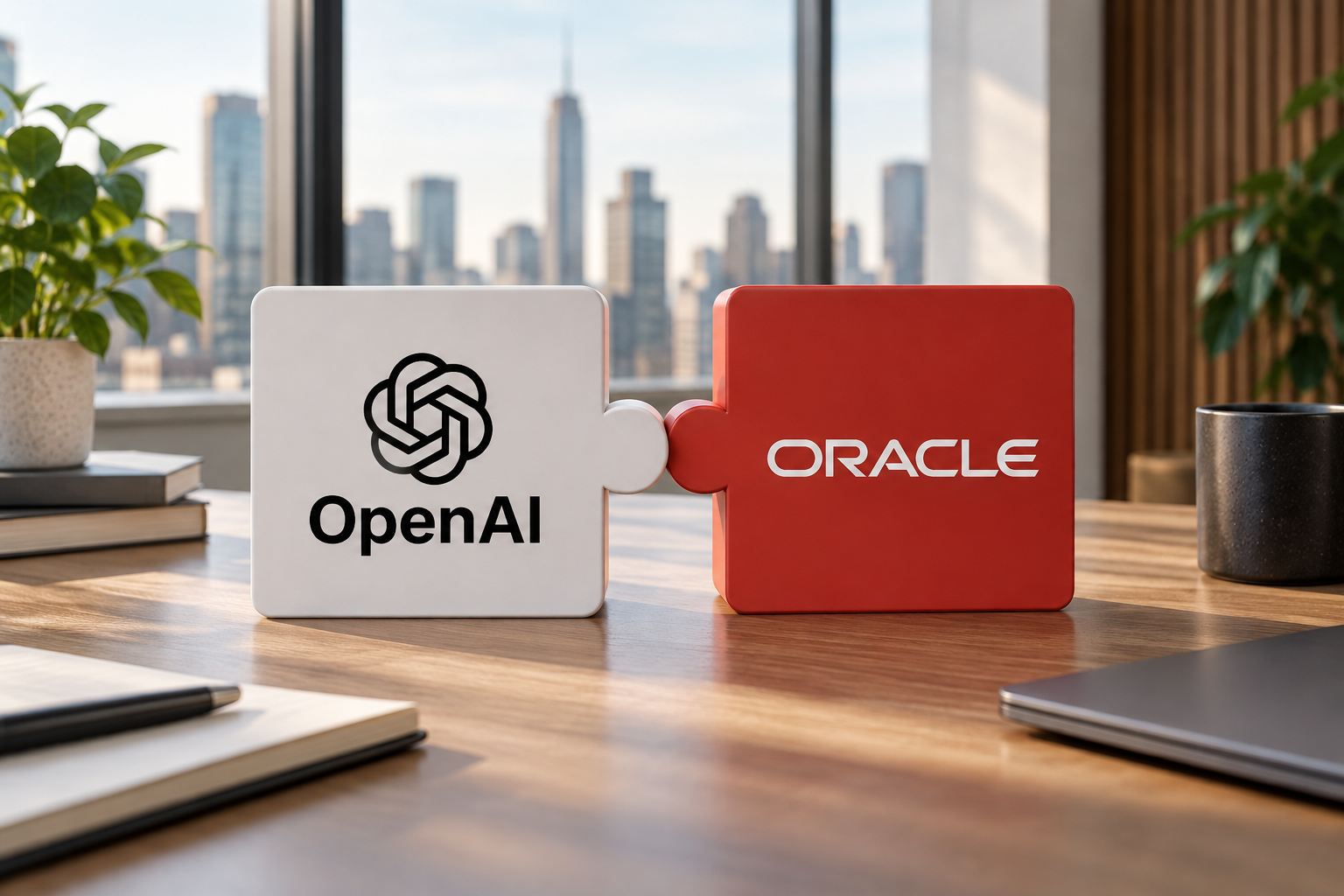Two upright puzzle pieces on a table: the white one says "OpenAI" and the red one says "Oracle".