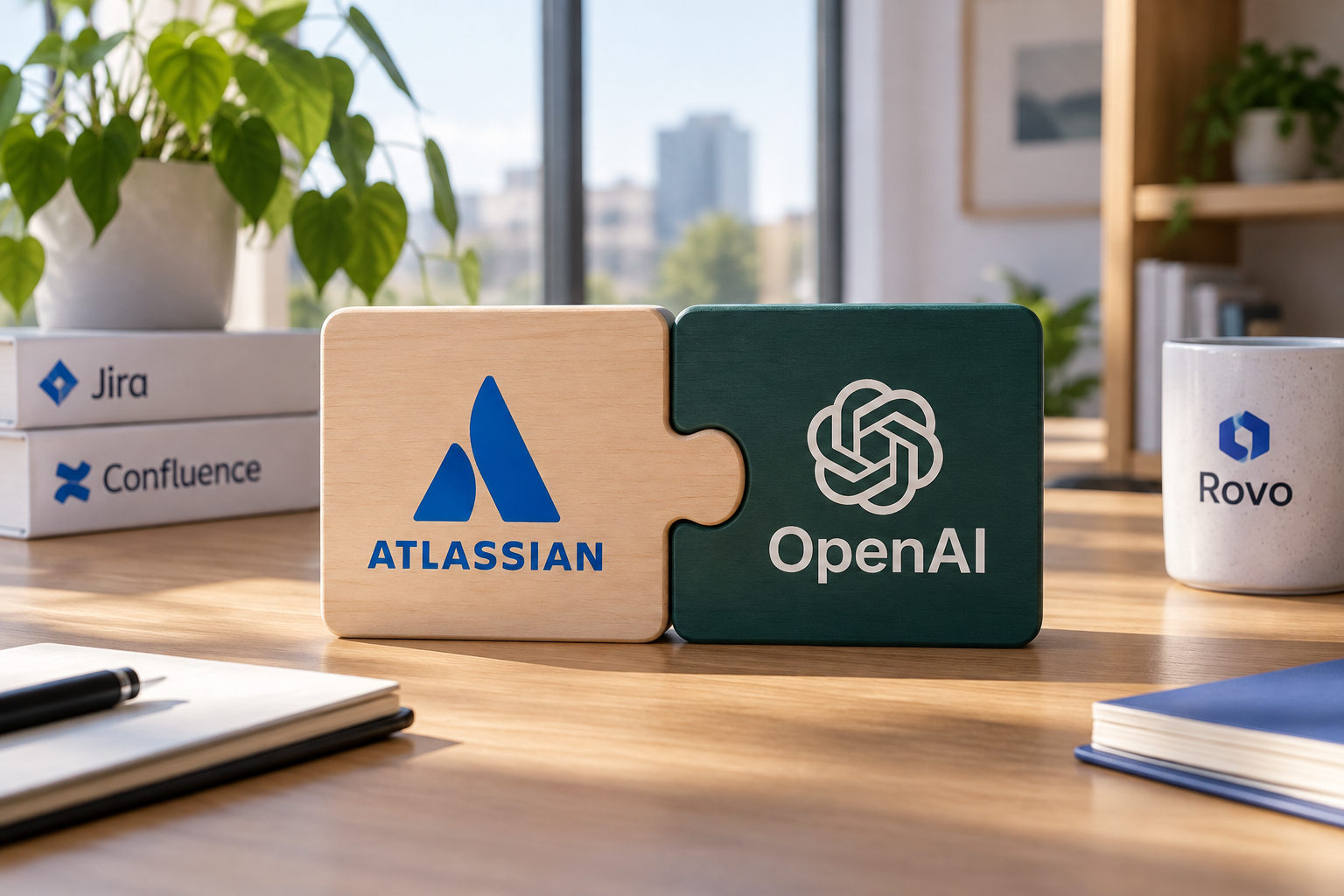 Two joined wooden puzzle pieces, one with a blue logo and the other dark green with a white logo.