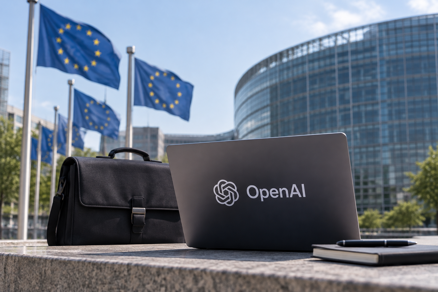 A laptop bearing the OpenAI logo, a black briefcase, and a notebook with a pen on a stone surface.