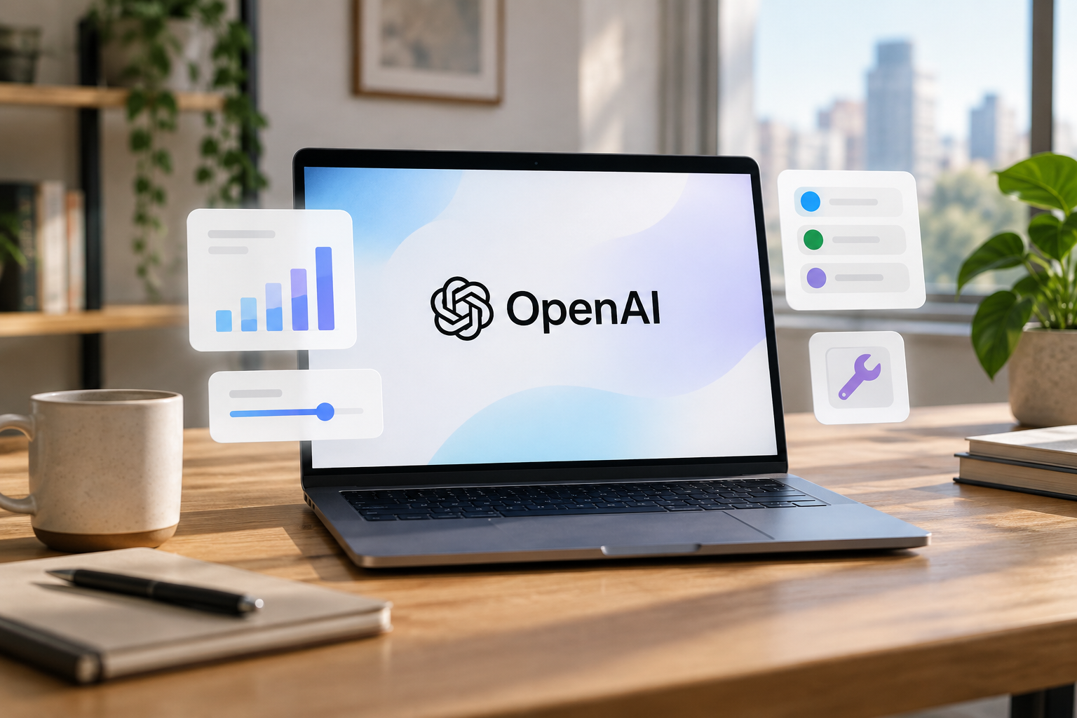Un portátil abierto con el logotipo de OpenAI en la pantalla está sobre una mesa de madera.