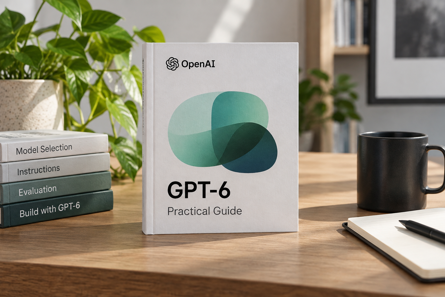 Un libro vertical blanco titulado "GPT-6 Practical Guide" con un logo de OpenAI en la parte superior se alza sobre un escritorio de madera.