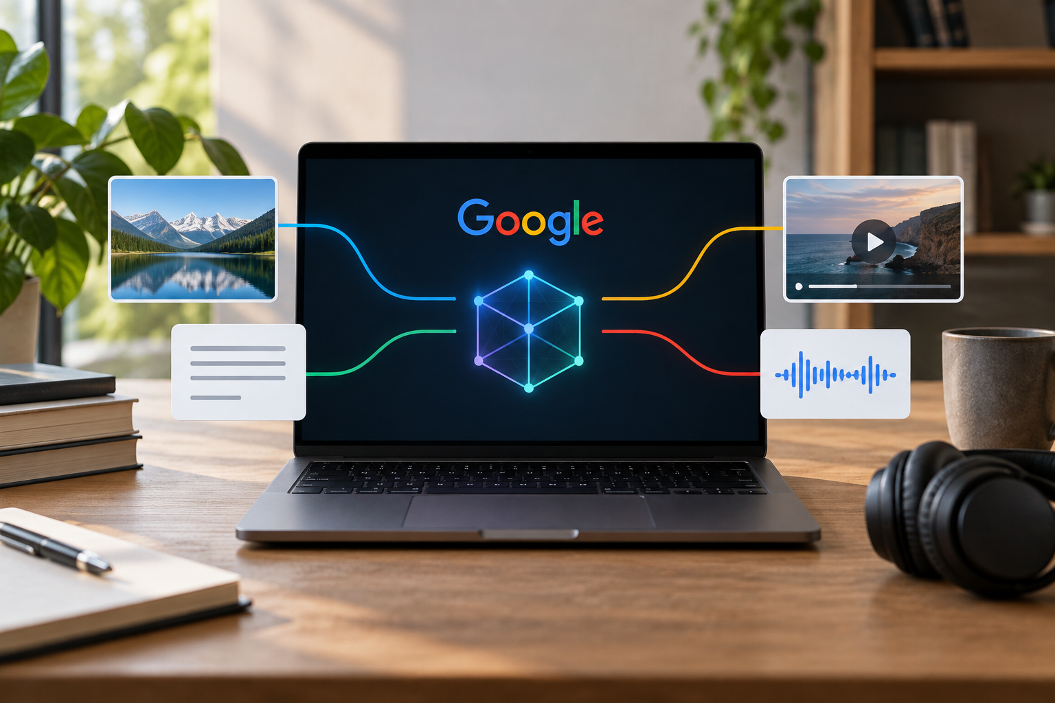 A laptop displays the Google logo and a neon cube connected to image, text, video, and audio icons.