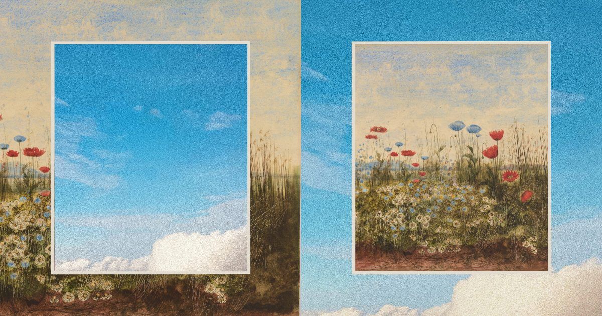 Dos rectángulos, uno superpuesto con una imagen de un cielo azul, el otro con un campo de flores rojas, azules y blancas.