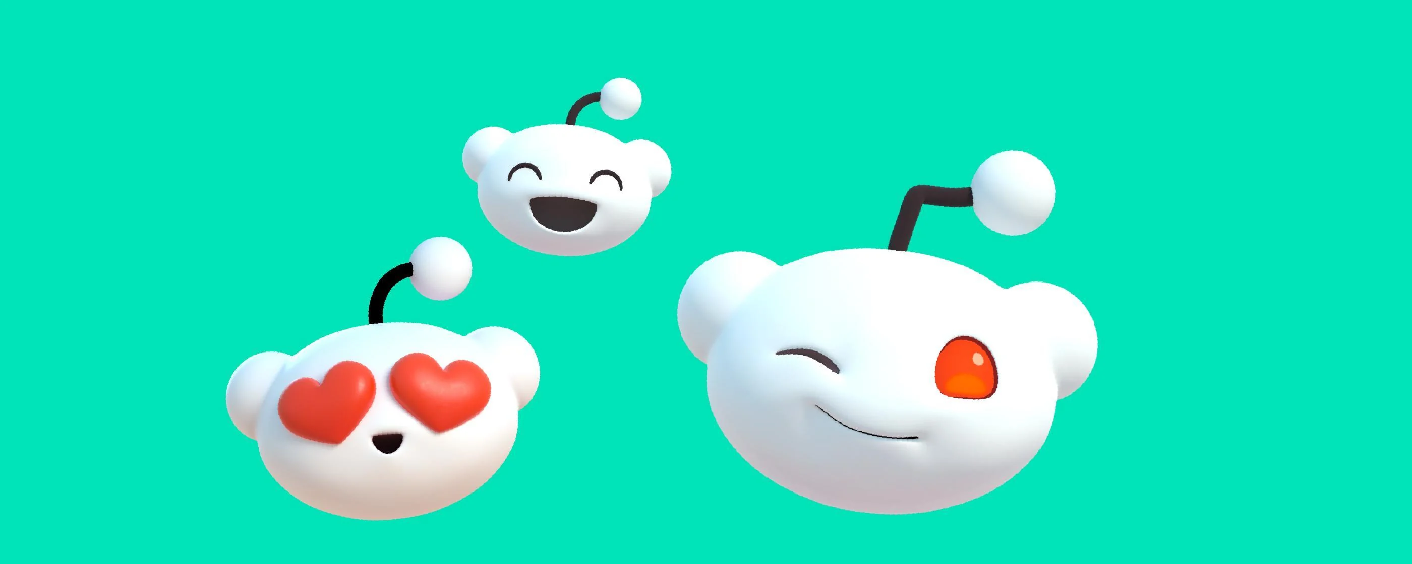 Three white, cloud-like figures with round ears and antennae, each with a different facial expression.
