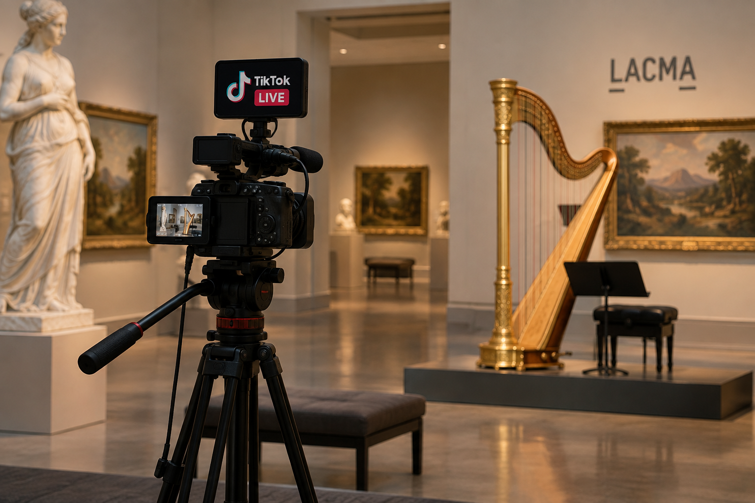 Cámara de vídeo sobre trípode frente a un arpa y obras de arte en una sala de museo.