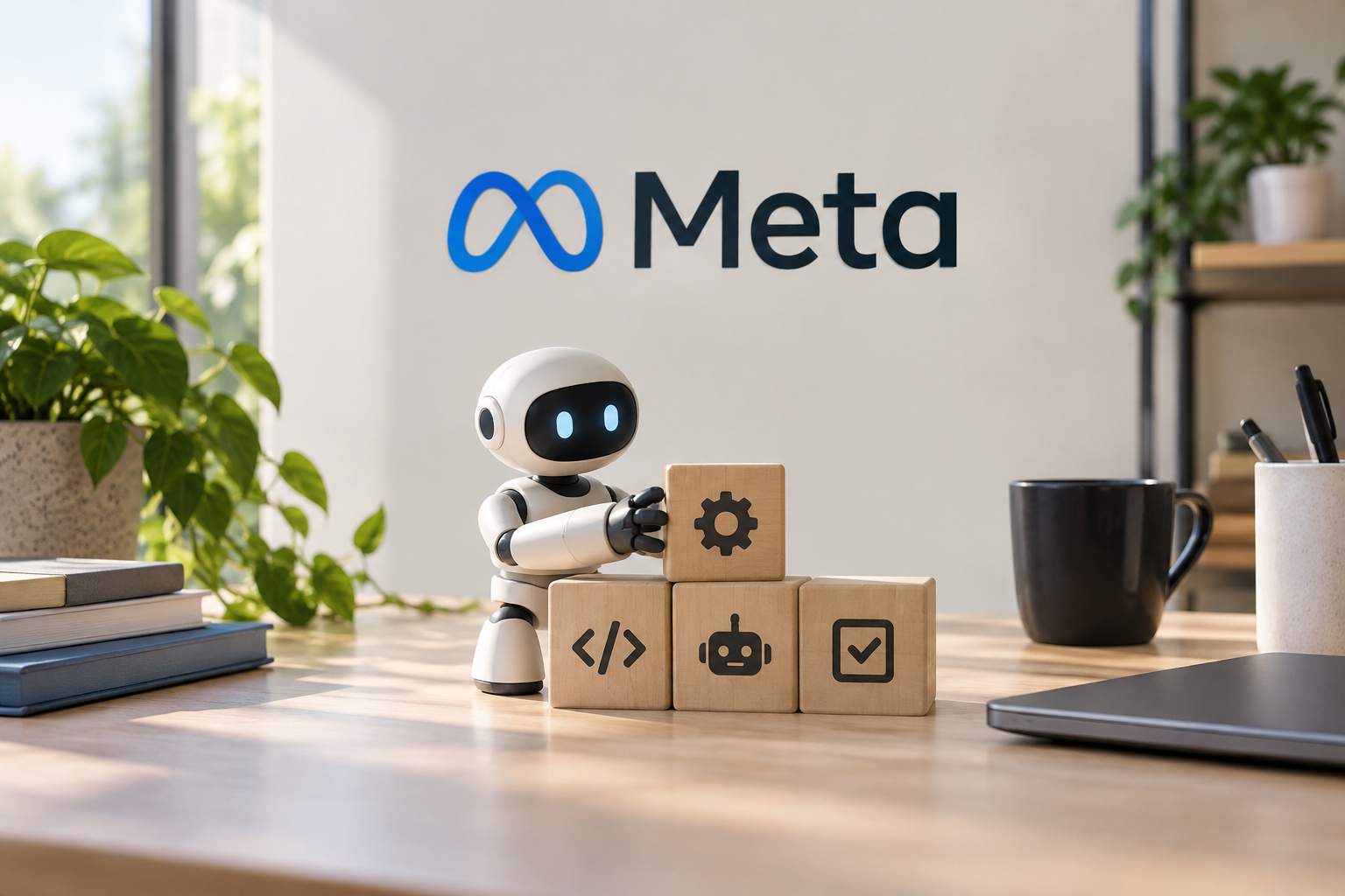A small robot assembles wooden blocks bearing symbols on a wooden desk.