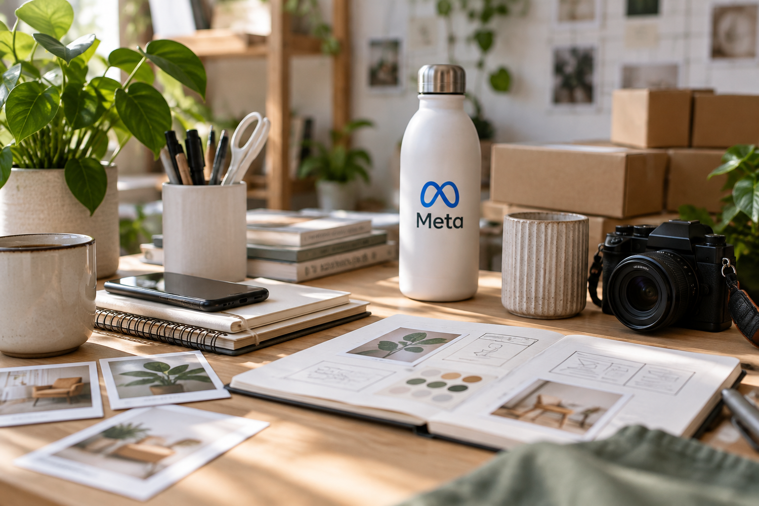 Mesa de trabajo con una botella con el logo de Meta, una cámara, una planta y documentos.