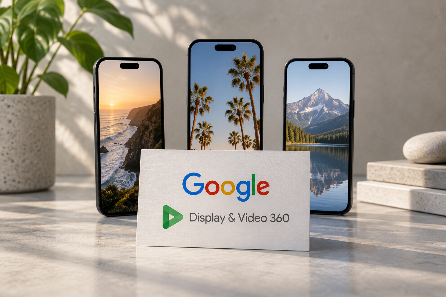Tres teléfonos inteligentes de pie con imágenes de paisajes en sus pantallas, con un letrero que dice "Google Display & Video 360" en primer plano.
