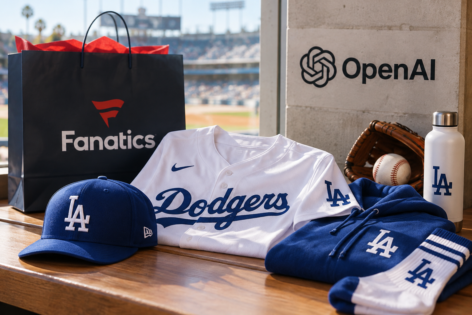 Artículos de los Dodgers de Los Ángeles, incluyendo una camiseta, gorra, sudadera, calcetines y botella de agua, sobre una superficie de madera.